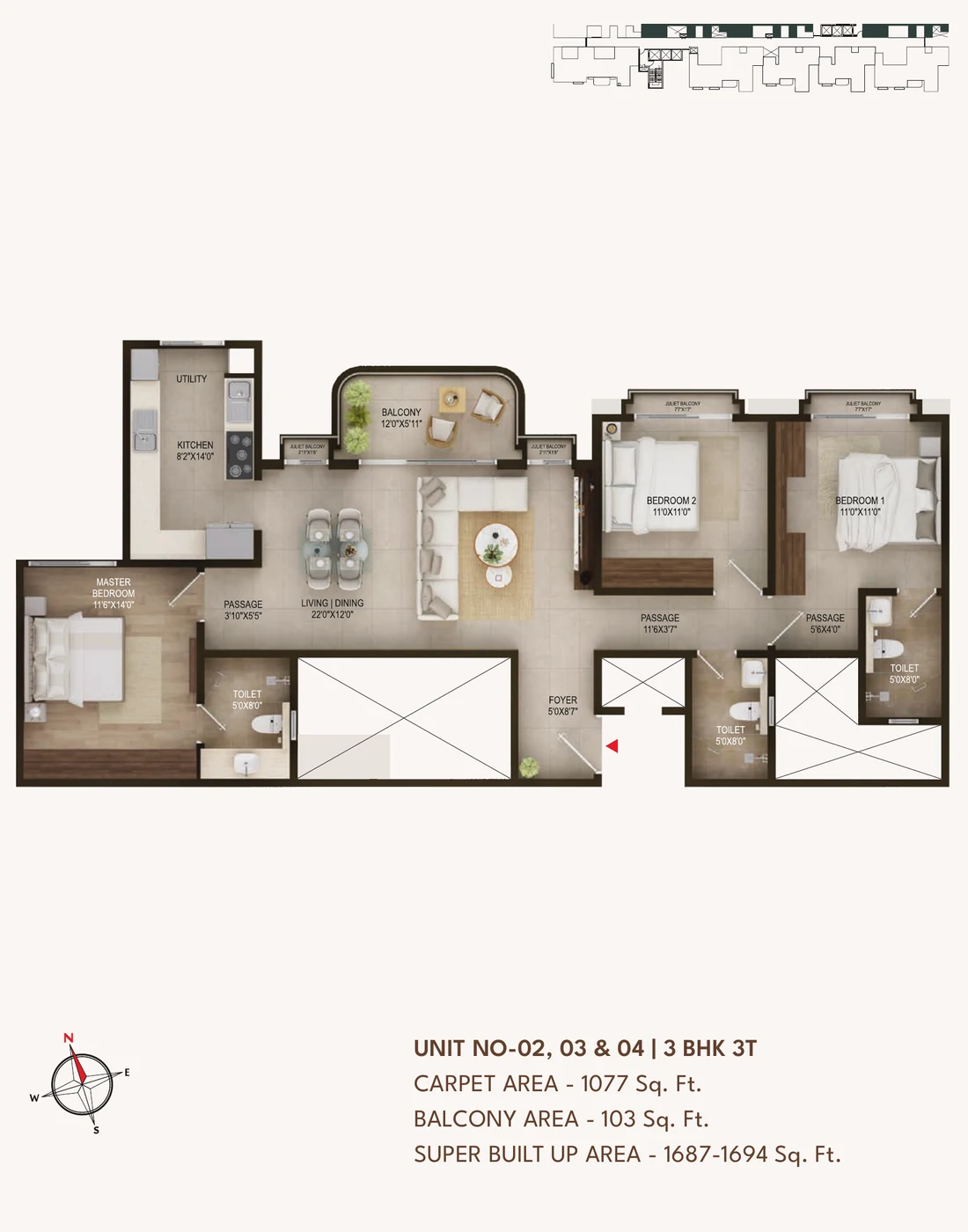 Concorde Sienna 3 BHK (3T) · units 02, 03 and 04 unit plan